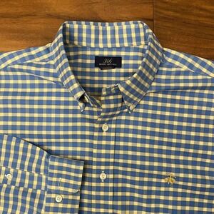 Brooks Brothers 346 Shirt Mens L Blue Yellow Gingham Supima Cotton Non-Iron LS